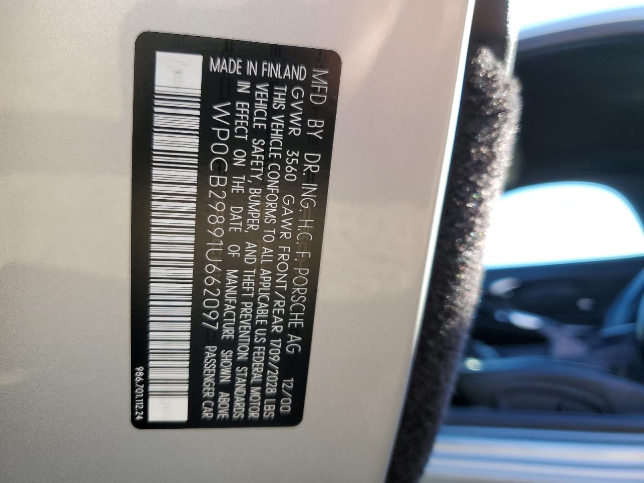 2001 Porsche Boxster VIN WP0CB29891U662097 Copart auction photo, front end damage thumbnail 14