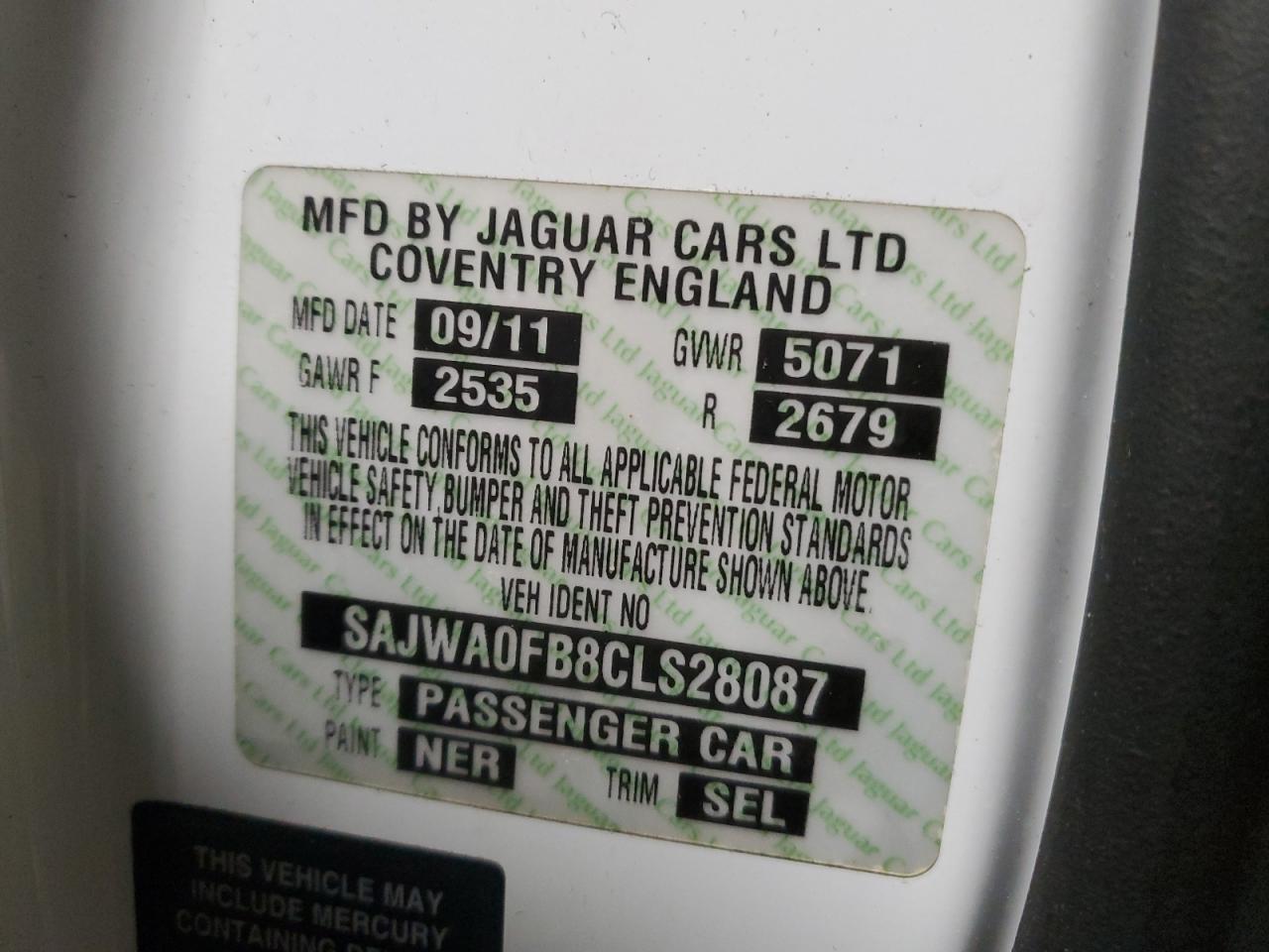 2012 Jaguar XF VIN SAJWA0FB8CLS28087 Copart auction photo, rear end damage thumbnail 13