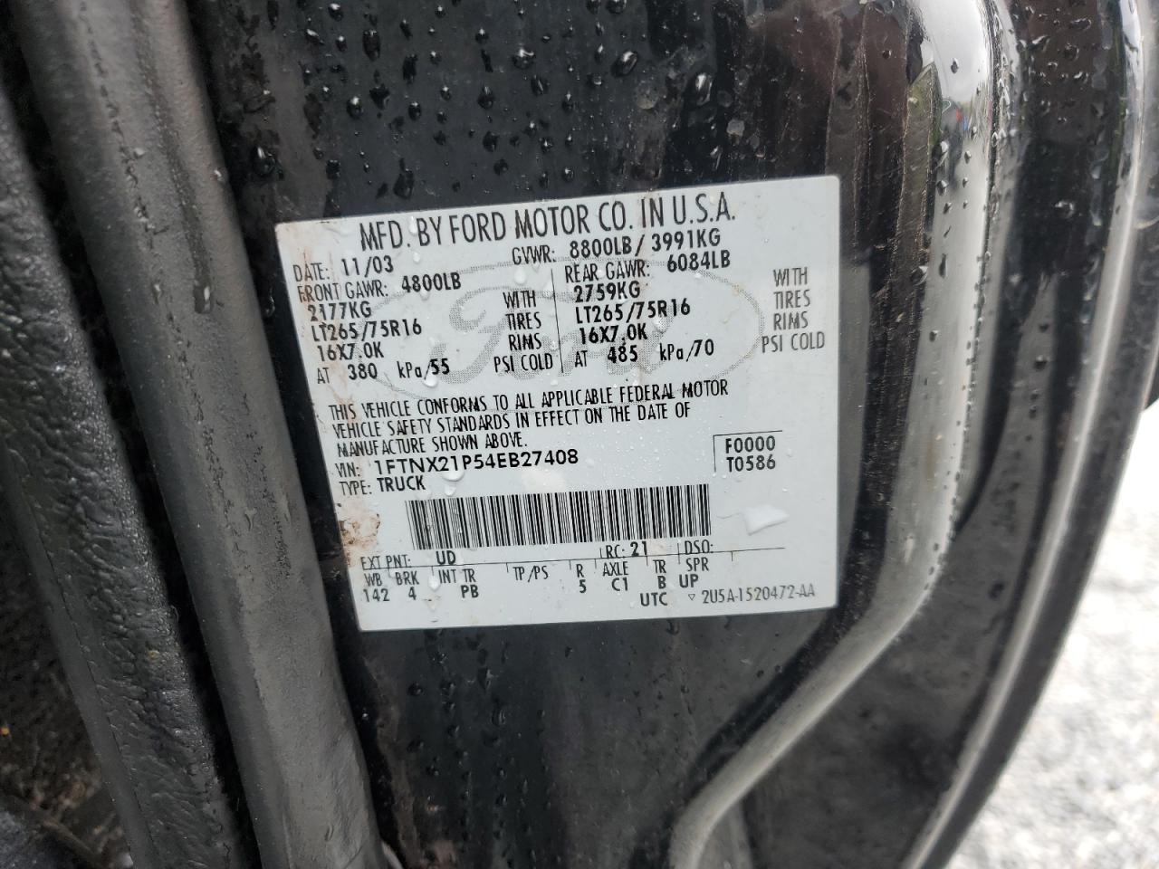 2004 Ford F250 VIN 1FTNX21P54EB27408 Copart auction photo, front end / side damage thumbnail 14