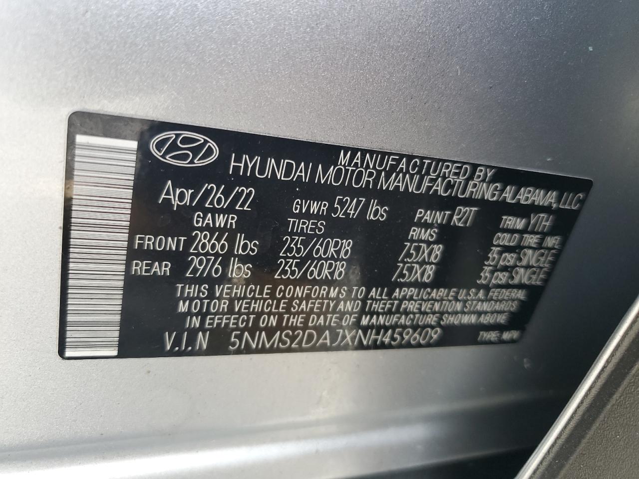 2022 Hyundai Santa Fe VIN 5NMS2DAJXNH459609 Copart auction photo, front end / rear end damage thumbnail 15
