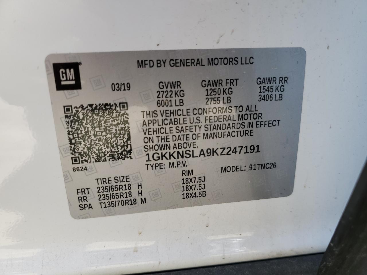 2019 GMC Acadia VIN 1GKKNSLA9KZ247191 Copart auction photo, rear end / minor dent/scratches damage thumbnail 15
