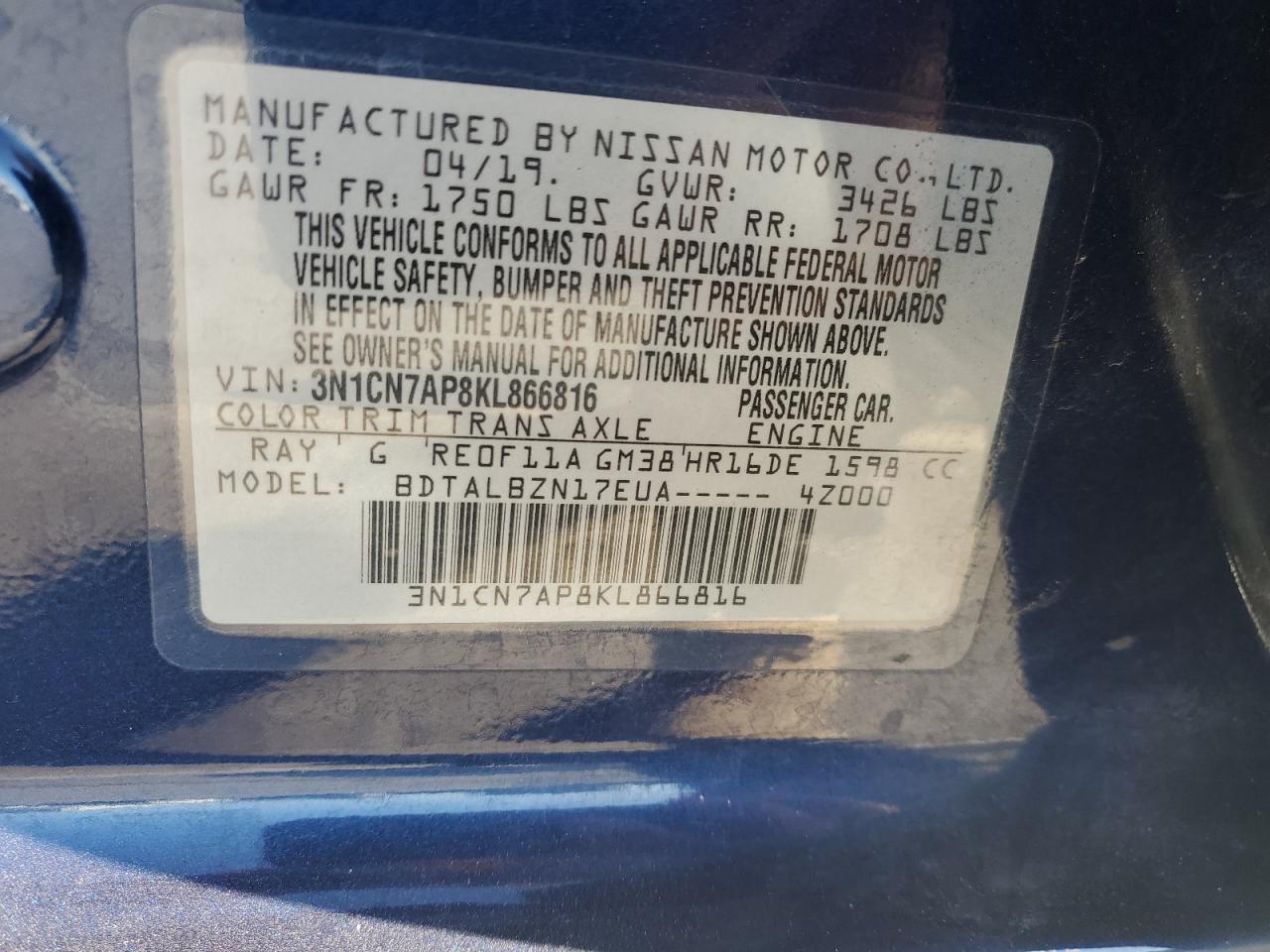 2019 Nissan Versa VIN 3N1CN7AP8KL866816 Copart auction photo, side / rear end damage thumbnail 14