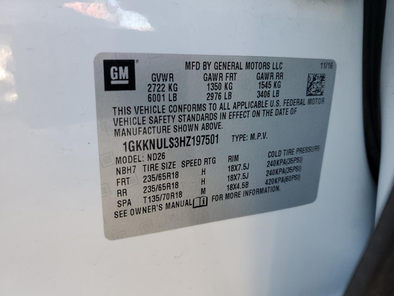 2017 GMC Acadia VIN 1GKKNULS3HZ197501 Copart auction photo, front end damage thumbnail 12