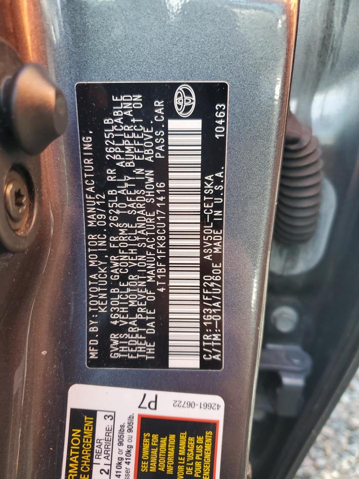 2012 Toyota Camry VIN 4T1BF1FK8CU171416 Copart auction photo, front end damage thumbnail 13