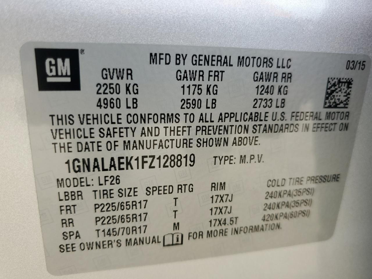 2015 Chevrolet Equinox VIN 1GNALAEK1FZ128819 Copart auction photo, front end damage thumbnail 13