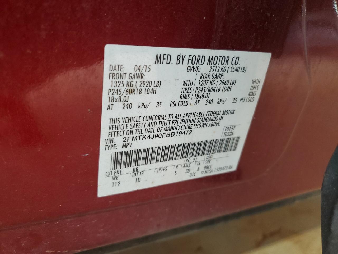 2015 Ford Edge VIN 2FMTK4J90FBB19472 Copart auction photo, rear end damage thumbnail 16