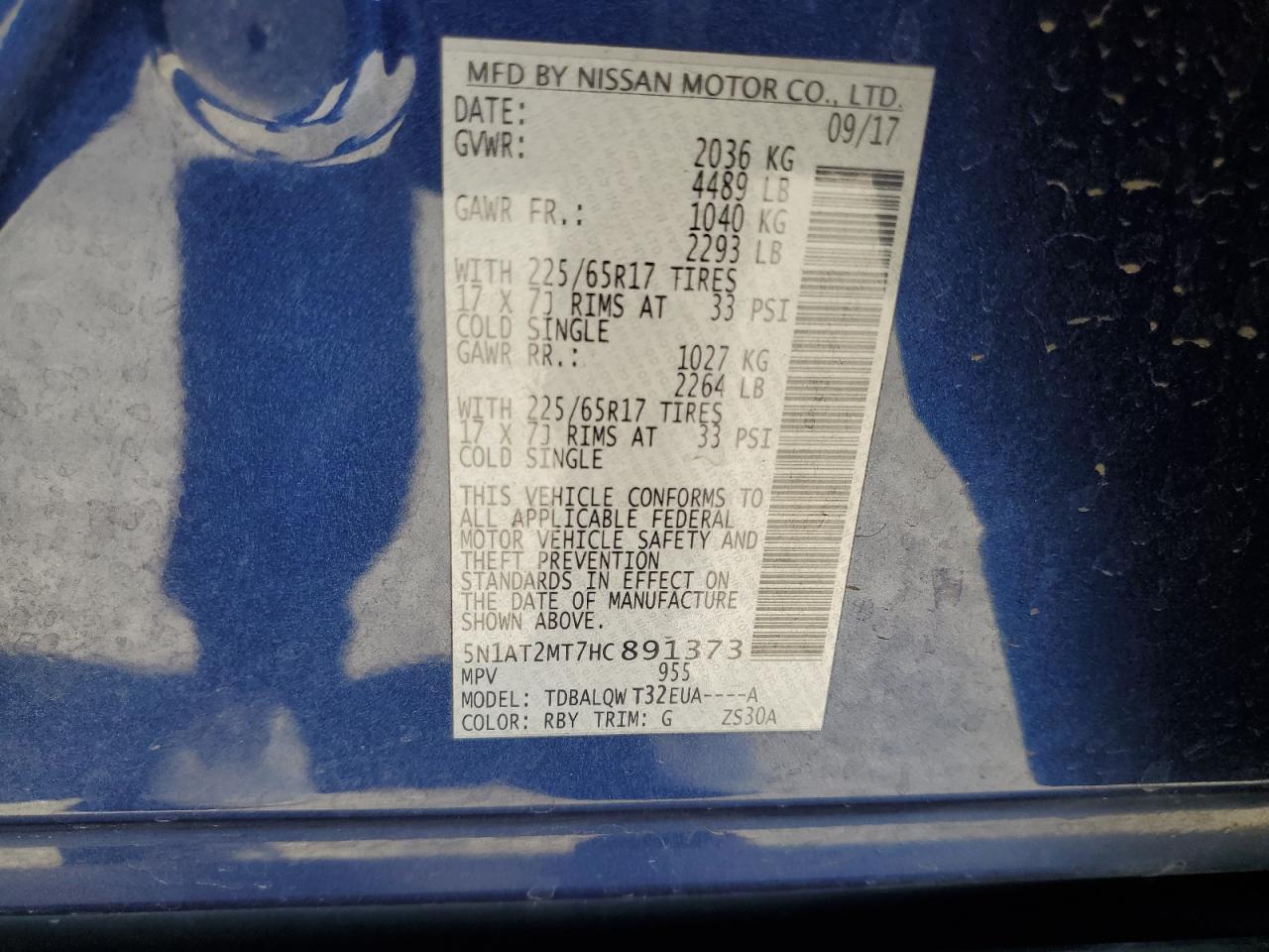 2017 Nissan Rogue VIN 5N1AT2MT7HC891373 Copart auction photo, front end damage thumbnail 14