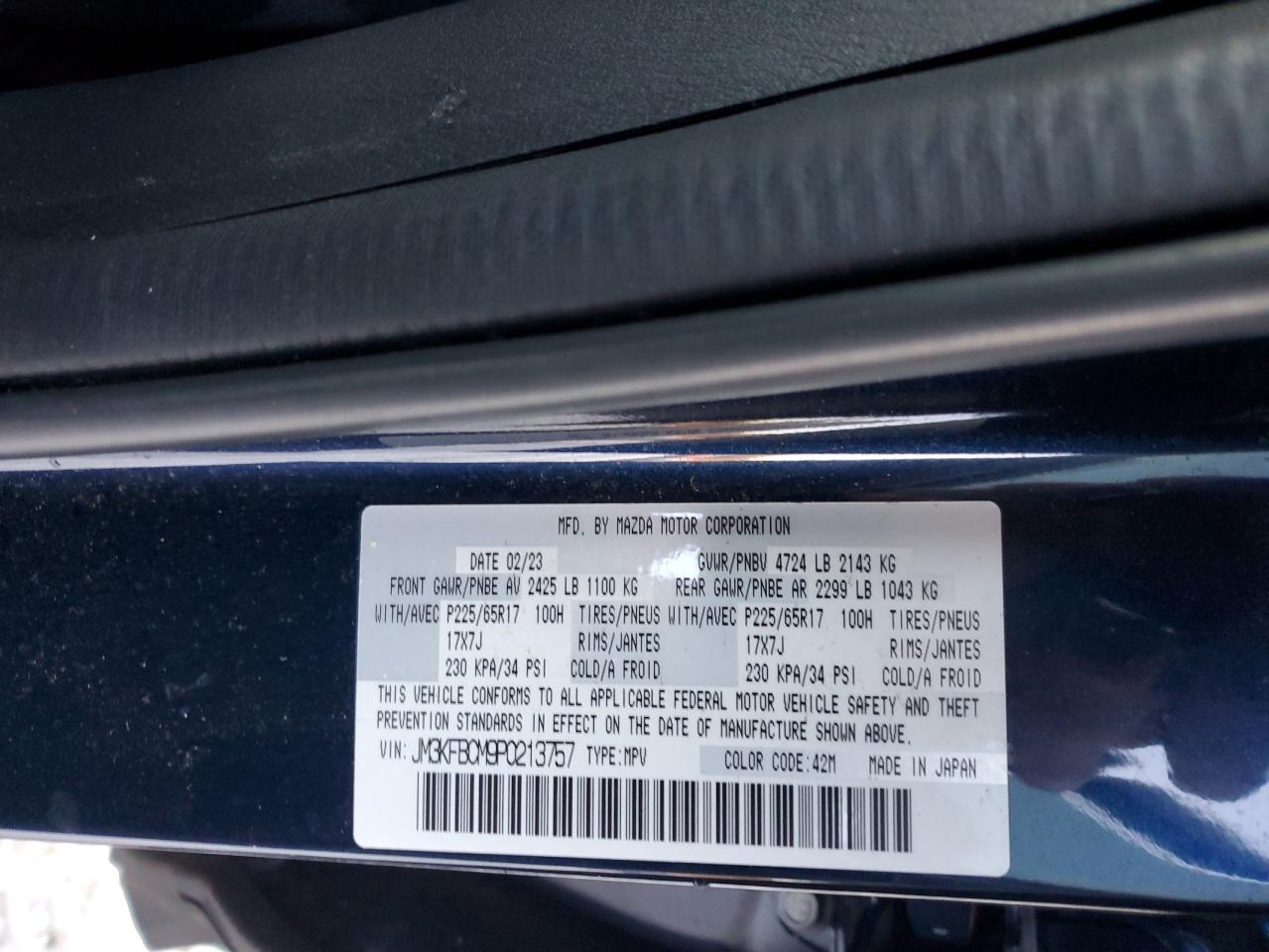 2023 Mazda CX-5 VIN JM3KFBCM9P0213757 Copart auction photo, front end damage thumbnail 12