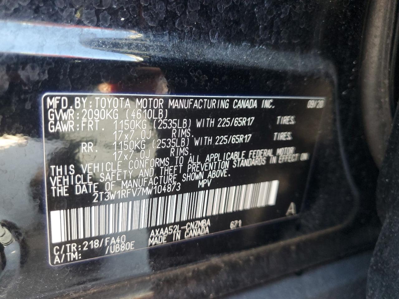 2021 Toyota RAV 4 VIN 2T3W1RFV7MW104873 Copart auction photo, rear end / minor dent/scratches damage thumbnail 14