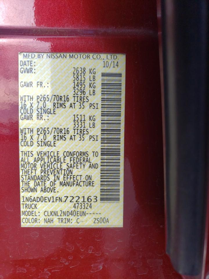 2015 Nissan Navara (Frontier) VIN 1N6AD0EV1FN722163 Copart auction photo, side damage thumbnail 14