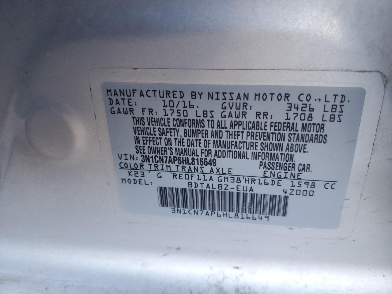 2017 Nissan Versa VIN 3N1CN7AP6HL816649 Copart auction photo, front end damage thumbnail 14