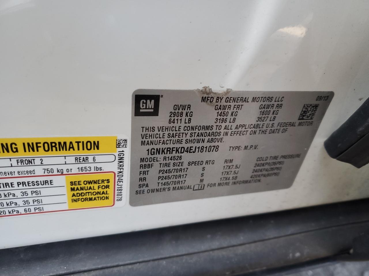 2014 Chevrolet Traverse VIN 1GNKRFKD4EJ181078 Copart auction photo, front end / side damage thumbnail 12