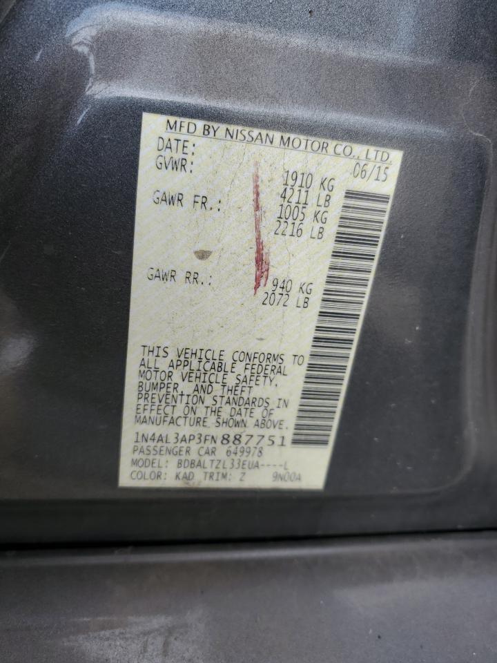 2015 Nissan Altima VIN 1N4AL3AP3FN887751 Copart auction photo, rear end / front end damage thumbnail 14