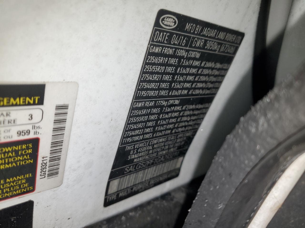 2016 Land Rover Range Rover VIN SALGS2PF1GA293211 Copart auction photo, front end damage thumbnail 13