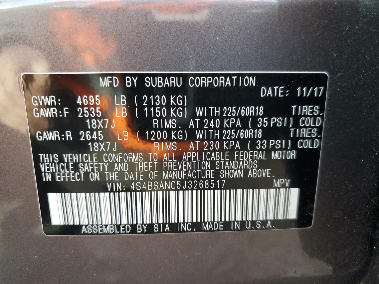 2018 Subaru Outback VIN 4S4BSANC5J3268517 Copart auction photo, front end / stripped damage thumbnail 13