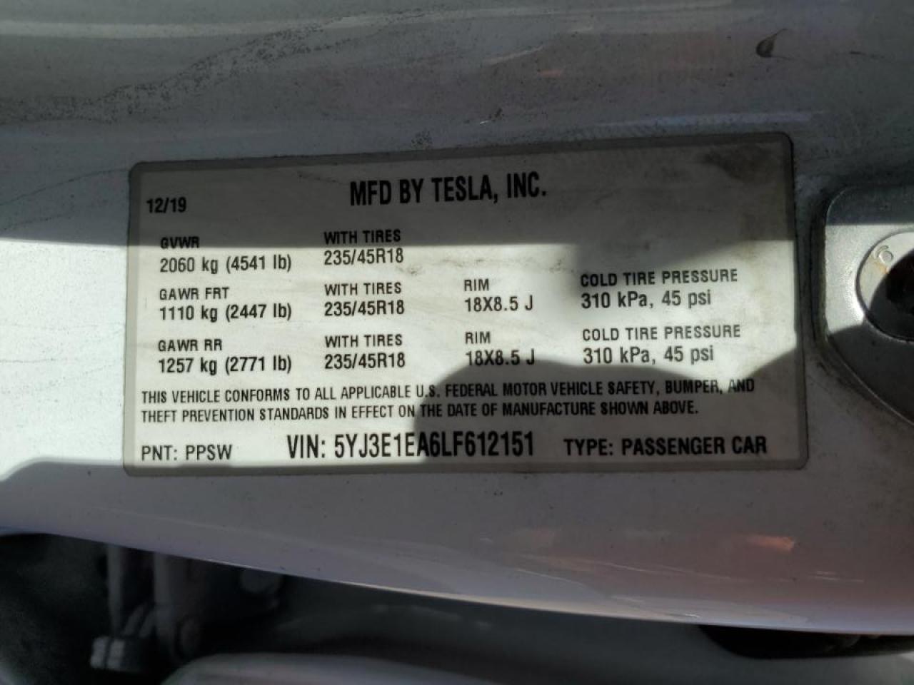 2020 Tesla Model 3 VIN 5YJ3E1EA6LF612151 Copart auction photo, front end damage thumbnail 14