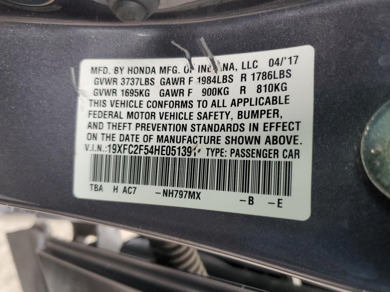 2017 Honda Civic VIN 19XFC2F54HE051391 Copart auction photo, front end damage thumbnail 14