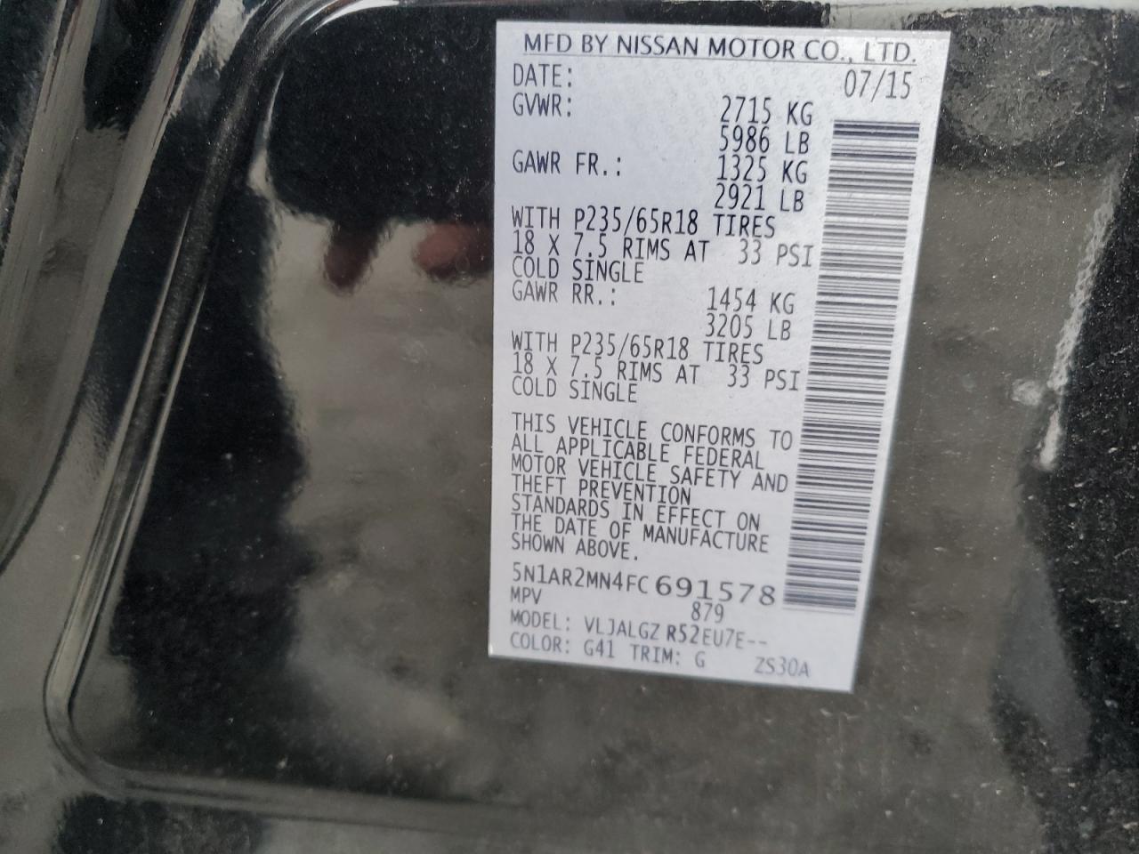 2015 Nissan Pathfinder VIN 5N1AR2MN4FC691578 Copart auction photo, front end / minor dent/scratches damage thumbnail 13