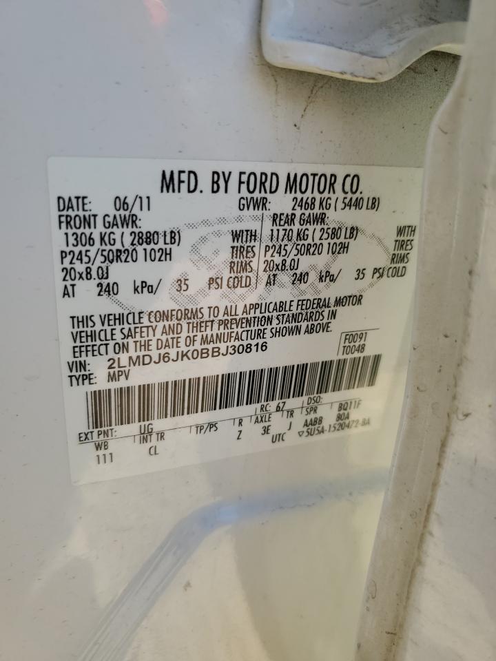 2011 Lincoln MKX VIN 2LMDJ6JK0BBJ30816 Copart auction photo, front end damage thumbnail 13