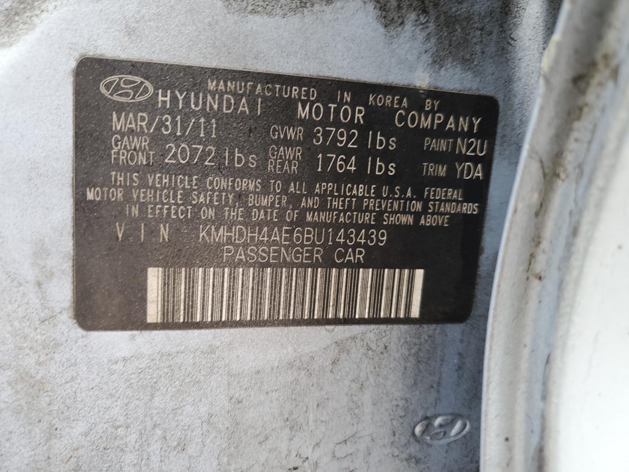 2011 Hyundai Elantra VIN KMHDH4AE6BU143439 Copart auction photo, front end damage thumbnail 12