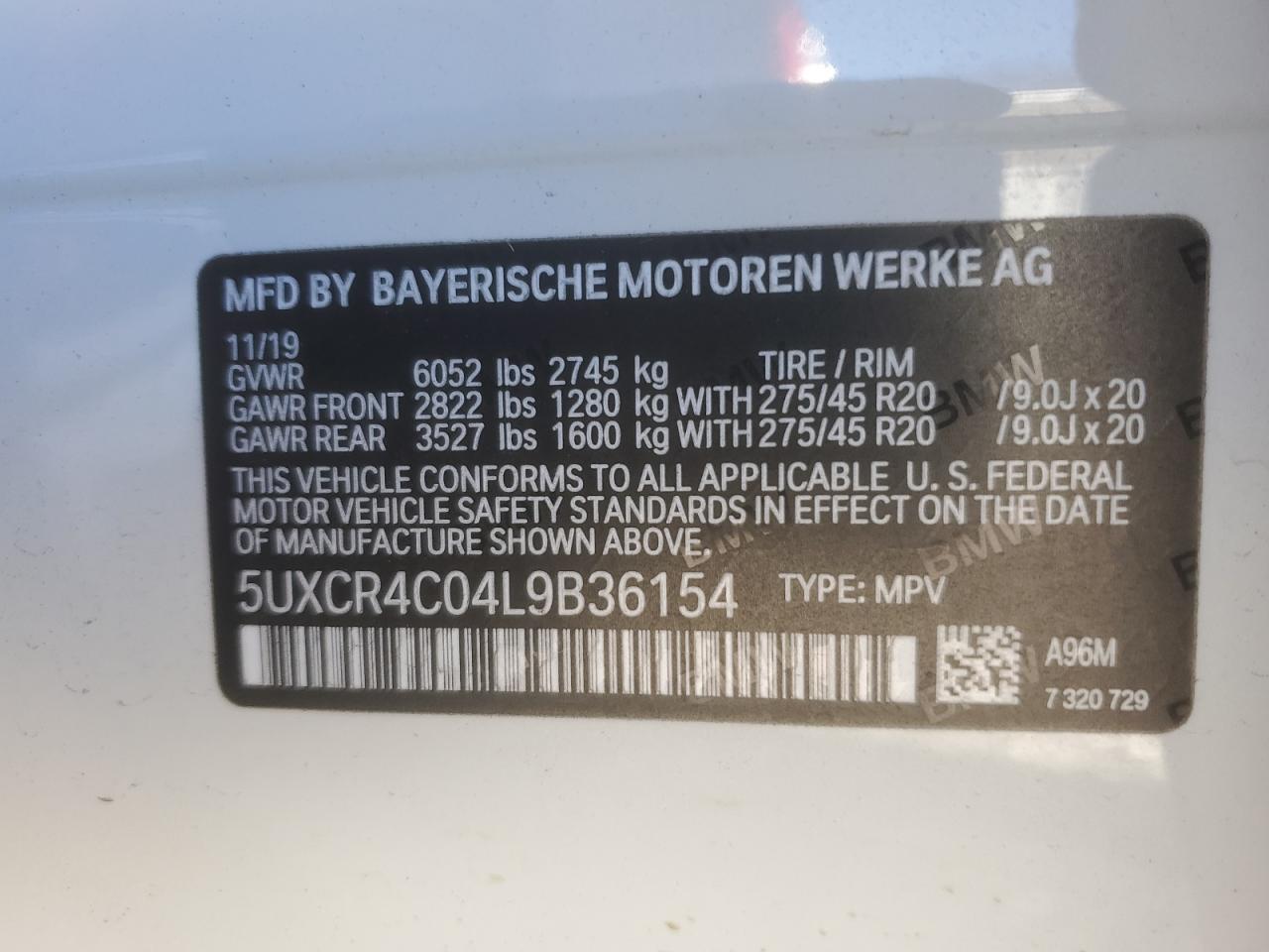 2020 BMW X5 VIN 5UXCR4C04L9B36154 Copart auction photo, front end / side damage thumbnail 13