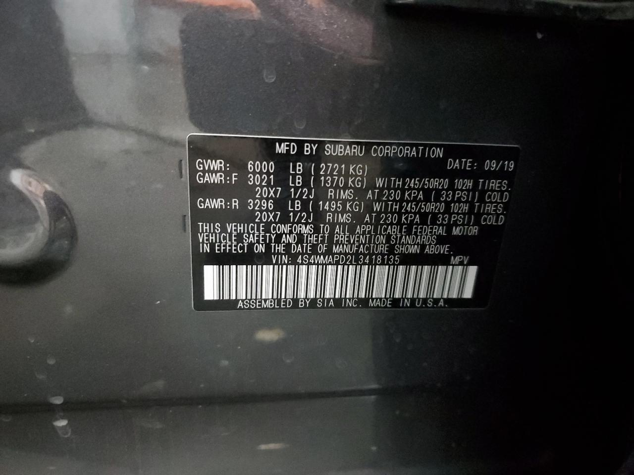 2020 Subaru Ascent VIN 4S4WMAPD2L3418135 Copart auction photo, rear end damage thumbnail 13