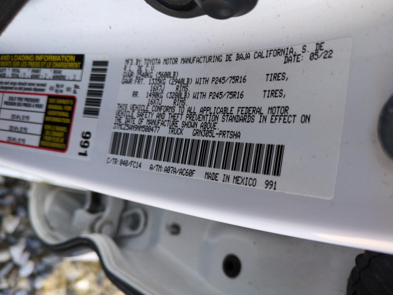 2022 Toyota Tacoma VIN 3TMCZ5AN9NM500477 Copart auction photo, front end damage thumbnail 13