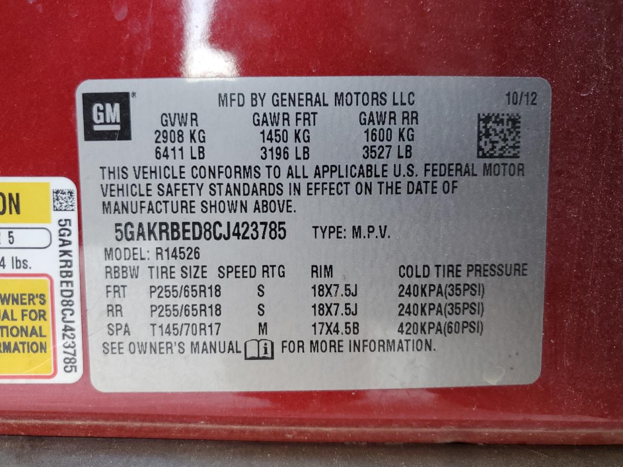 2012 Buick Enclave VIN 5GAKRBED8CJ423785 Copart auction photo, all over / minor dent/scratches damage thumbnail 13