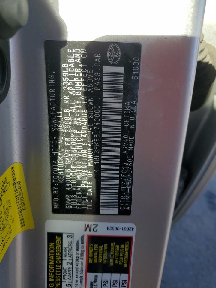 2011 Toyota Camry VIN 4T1BF3EK5BU743800 Copart auction photo, front end / side damage thumbnail 12