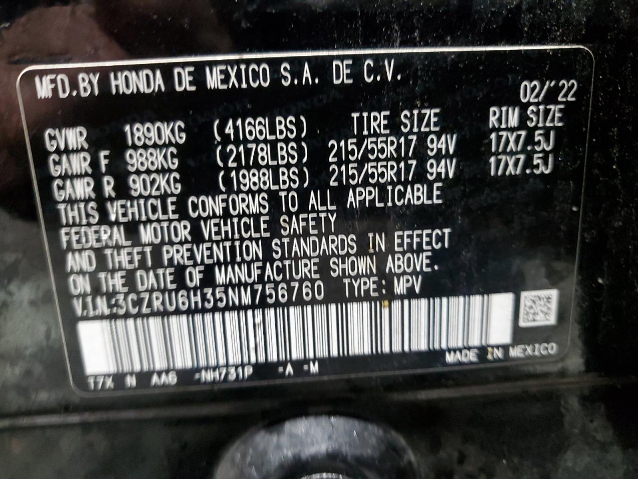 2022 Honda HR-V VIN 3CZRU6H35NM756760 Copart auction photo, front end / side damage thumbnail 13