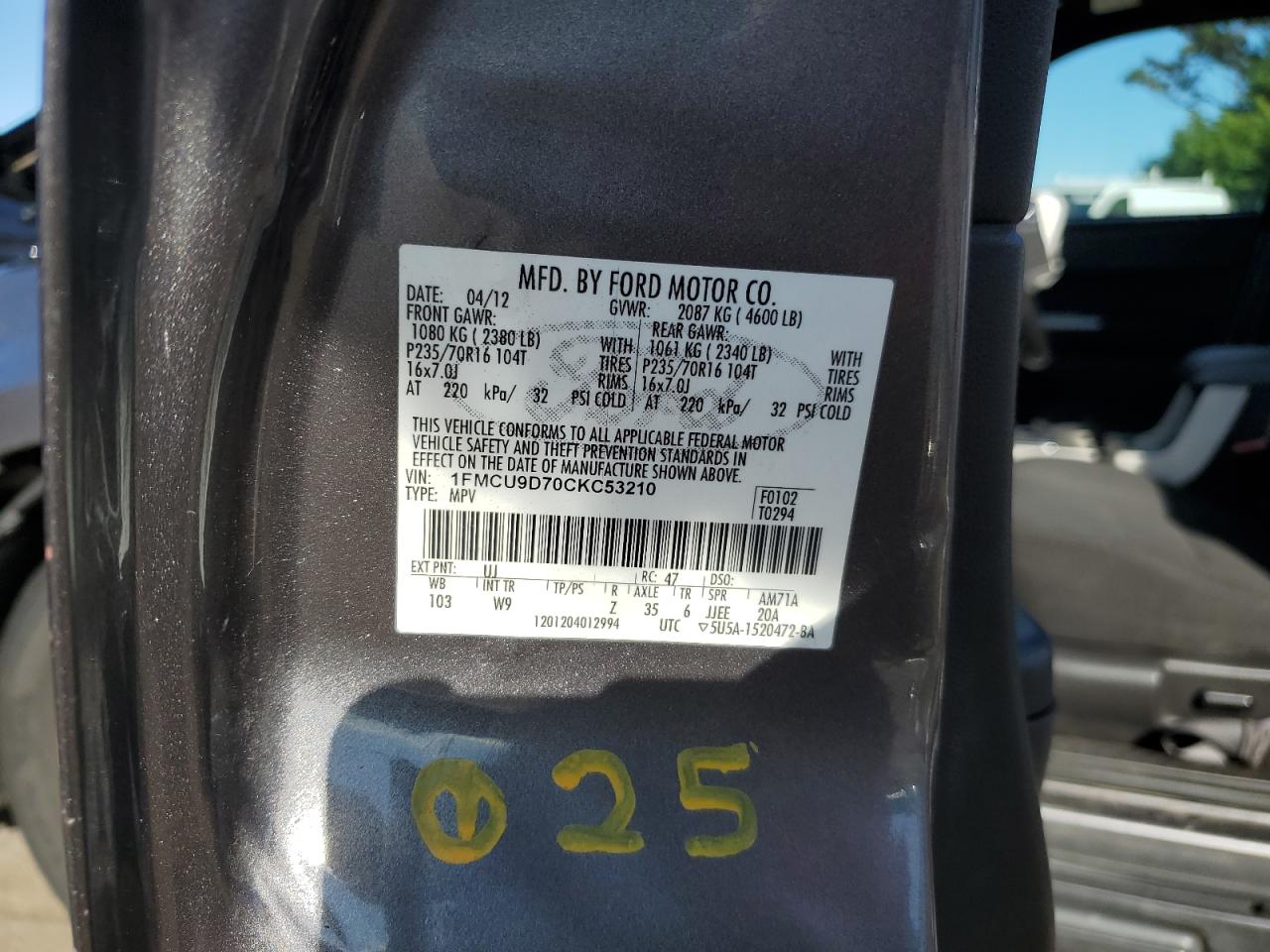 2012 Ford Escape VIN 1FMCU9D70CKC53210 Copart auction photo, front end damage thumbnail 14