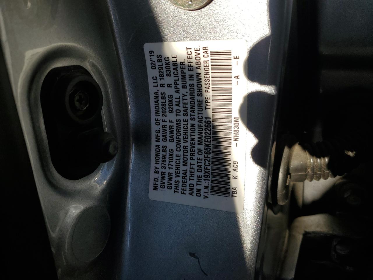 2019 Honda Civic VIN 19XFC2F65KE022661 Copart auction photo, front end damage thumbnail 12
