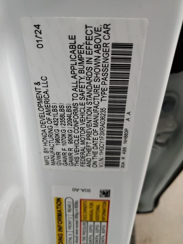 2024 Honda Accord VIN 1HGCY1F3XRA036235 Copart auction photo, front end / frame damage damage thumbnail 15