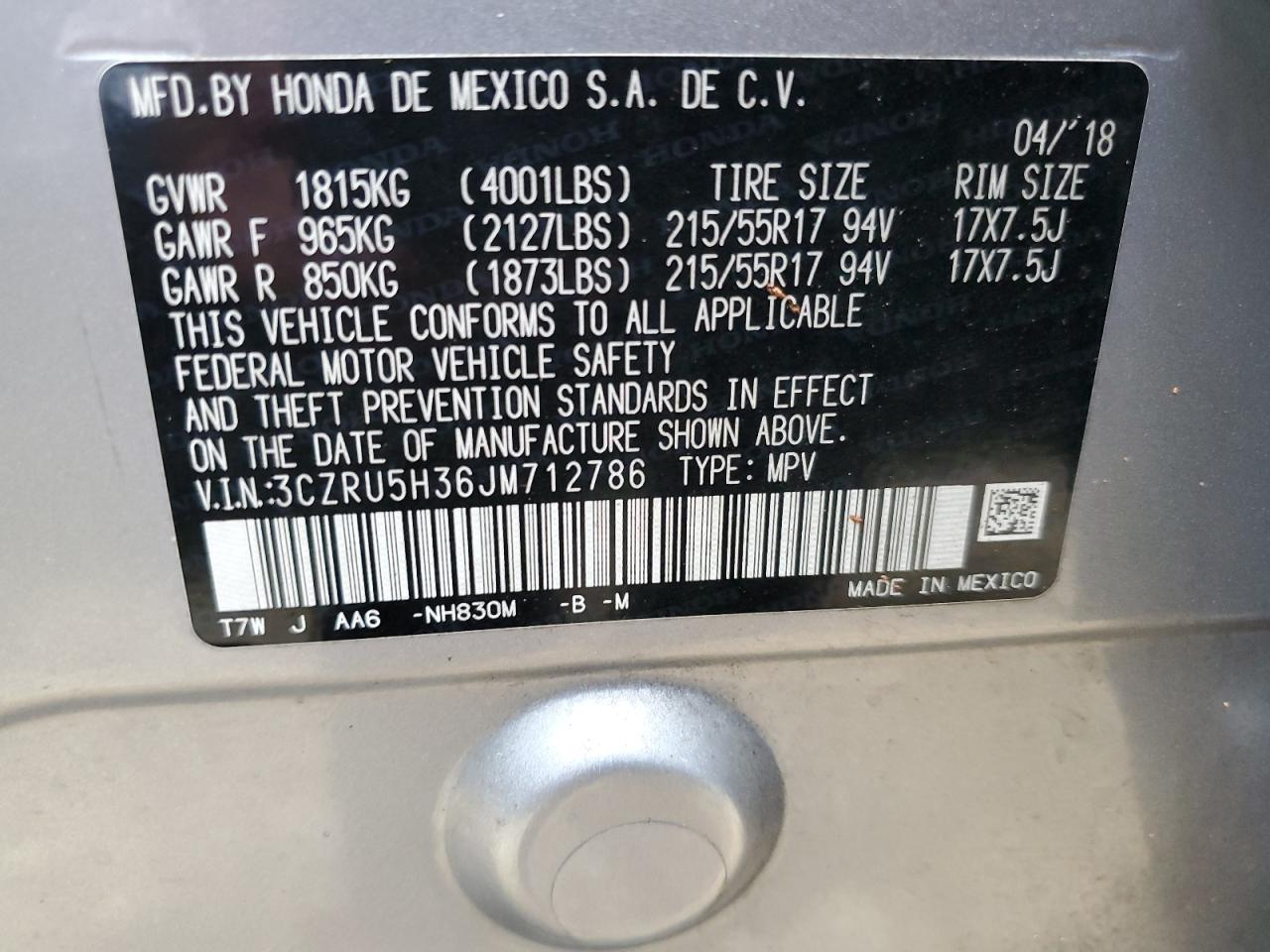 2018 Honda HR-V VIN 3CZRU5H36JM712786 Copart auction photo, rear end / front end damage thumbnail 13