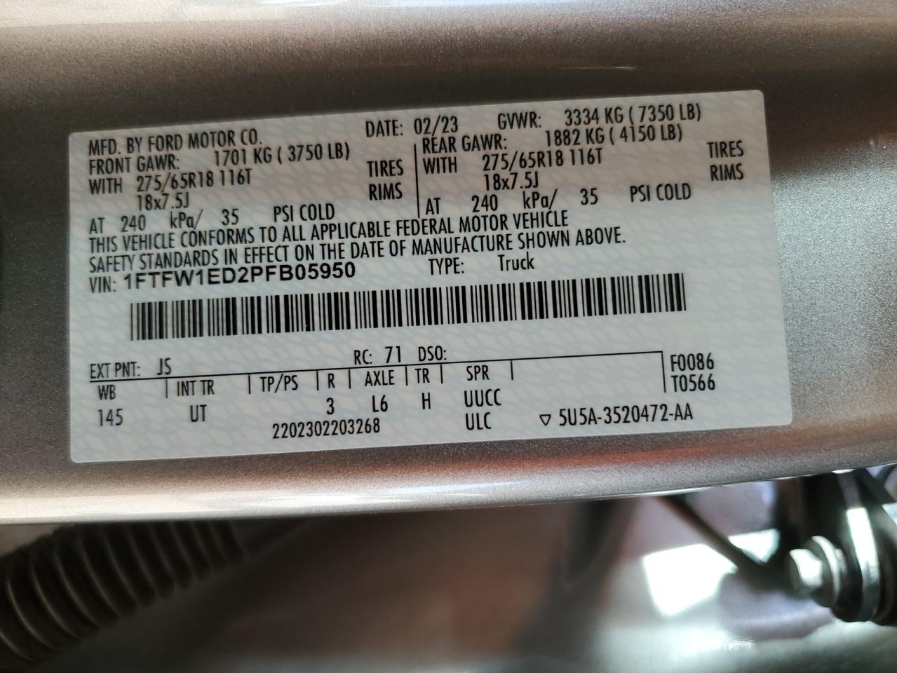 2023 Ford F-150 VIN 1FTFW1ED2PFB05950 Copart auction photo, side / minor dent/scratches damage thumbnail 12