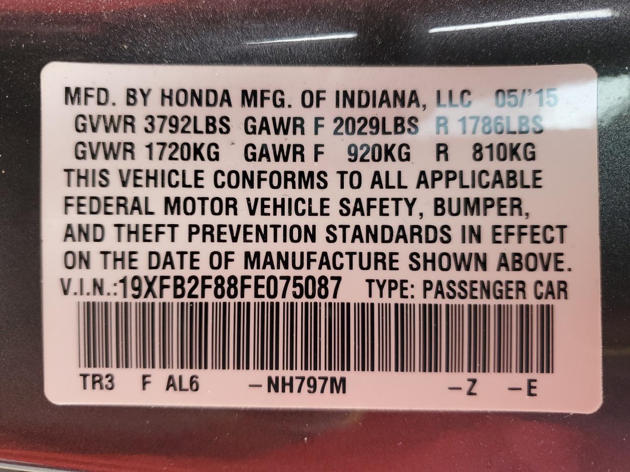 2015 Honda Civic VIN 19XFB2F88FE075087 Copart auction photo, front end damage thumbnail 13