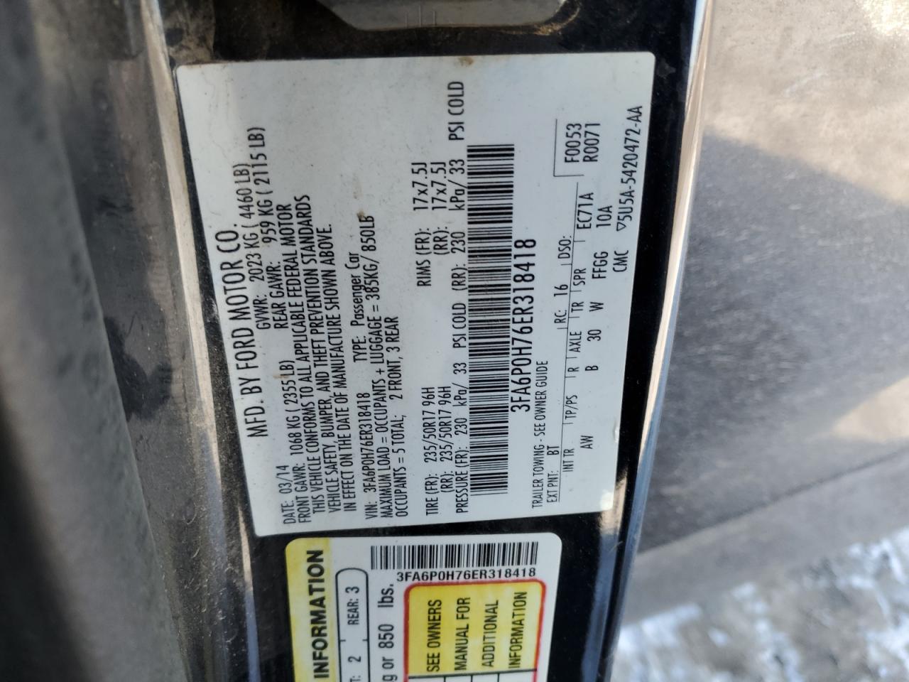 2014 Ford Fusion VIN 3FA6P0H76ER318418 Copart auction photo, front end / side damage thumbnail 12