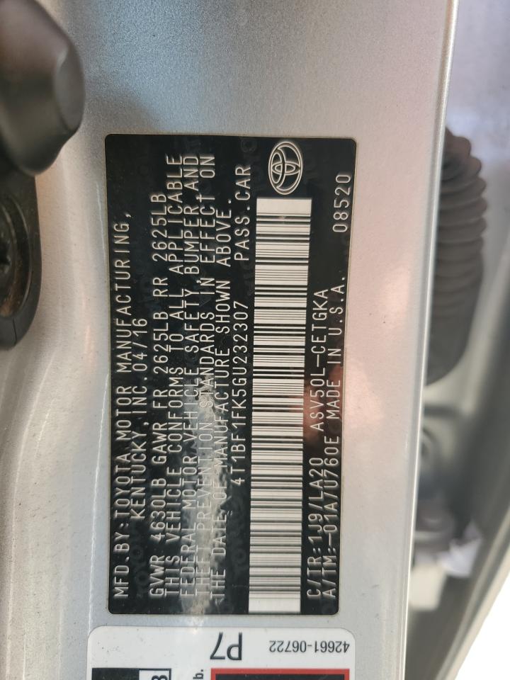 2016 Toyota Camry VIN 4T1BF1FK5GU232307 Copart auction photo, front end / undercarriage damage thumbnail 14