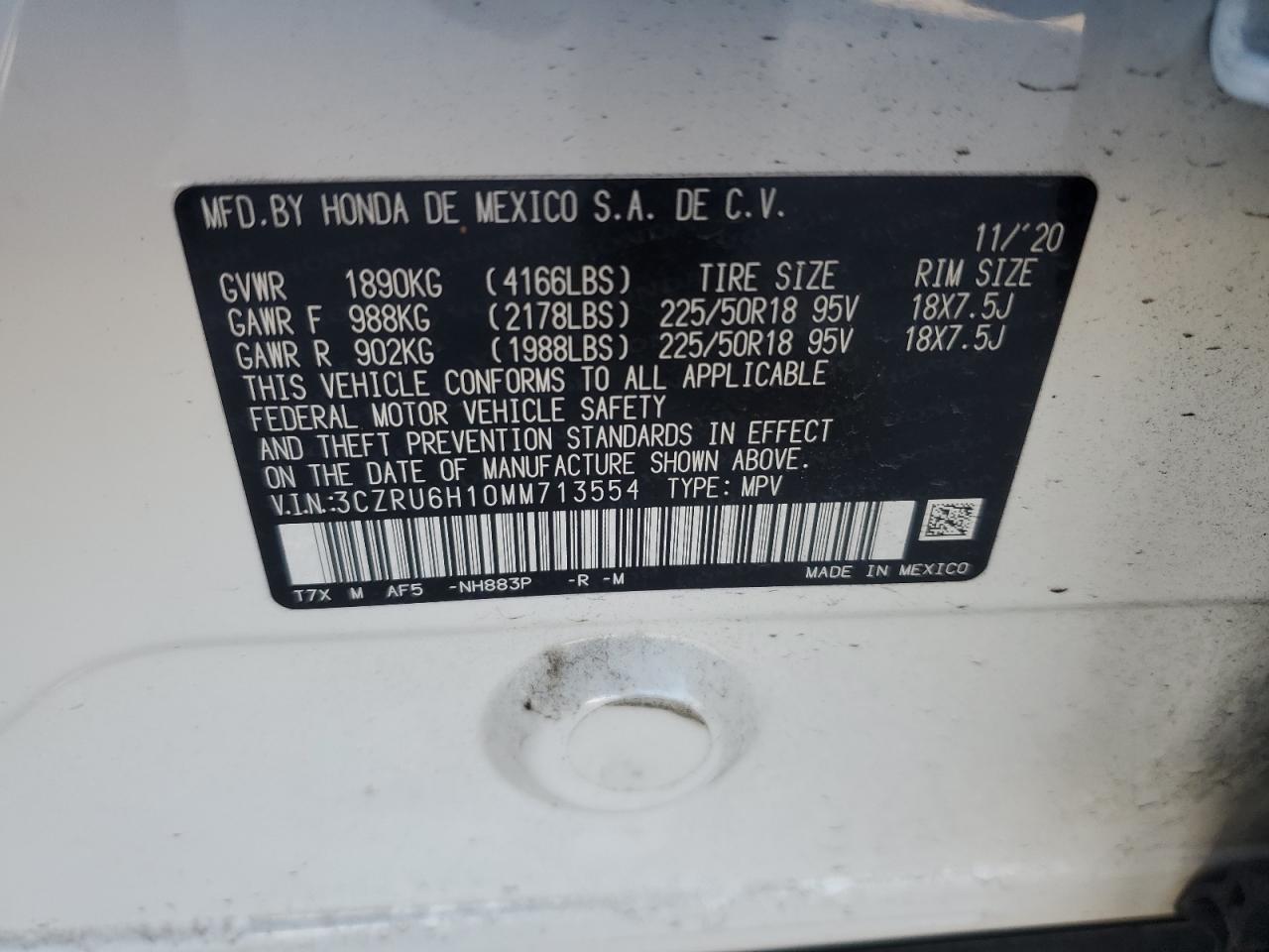 2021 Honda HR-V VIN 3CZRU6H10MM713554 Copart auction photo, front end / undercarriage damage thumbnail 13