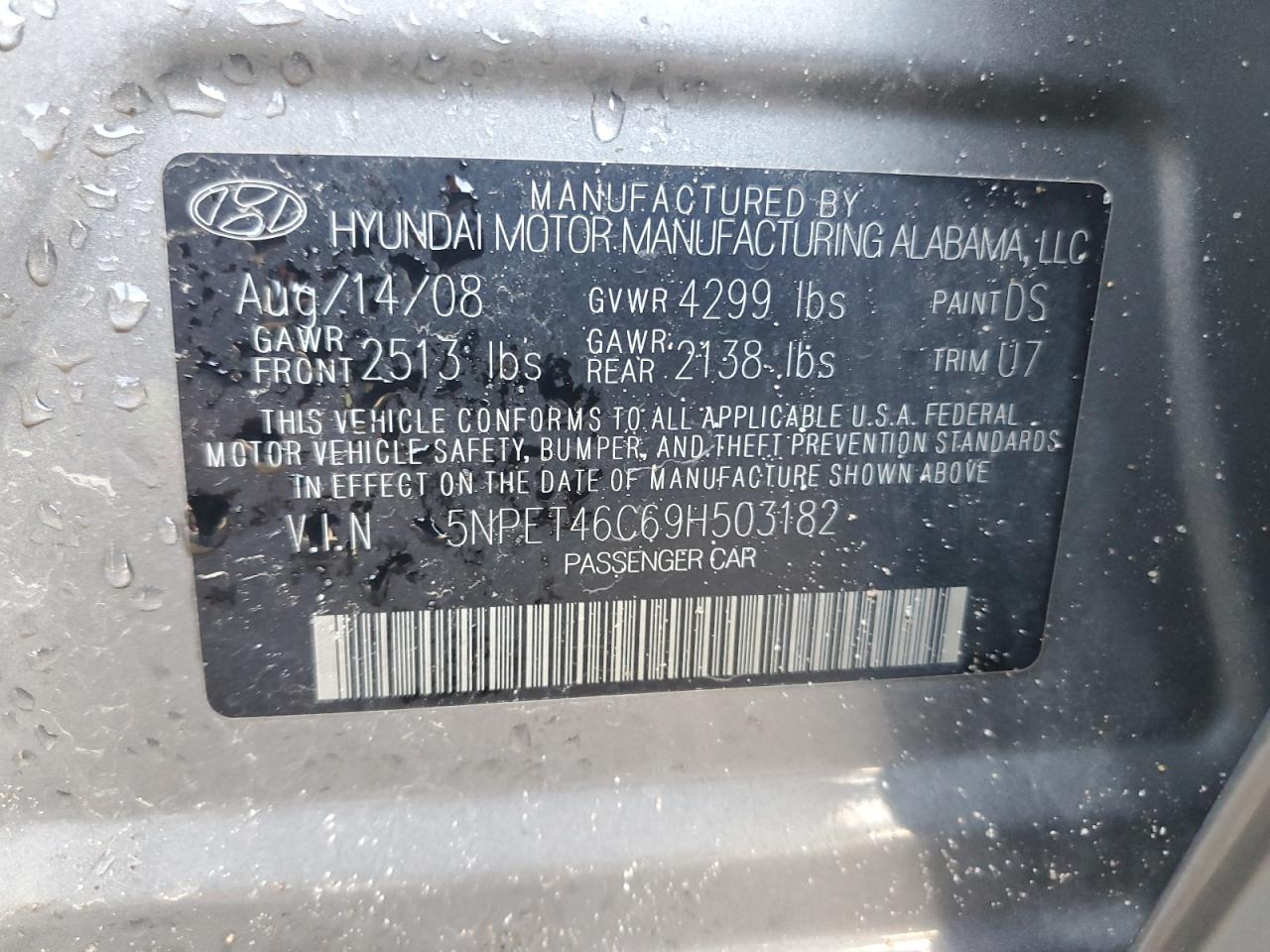 2009 Hyundai Sonata VIN 5NPET46C69H503182 Copart auction photo, front end damage thumbnail 14