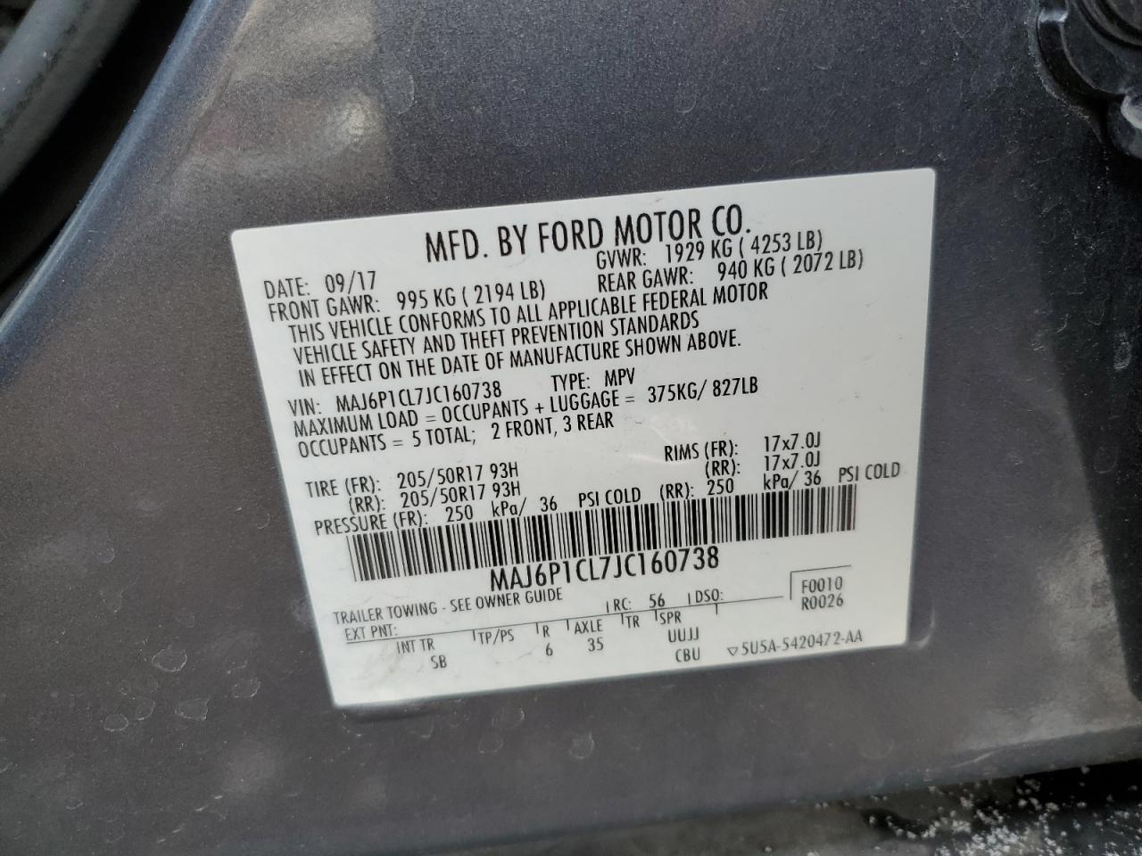 2018 Ford EcoSport VIN MAJ6P1CL7JC160738 Copart auction photo, front end / side damage thumbnail 15