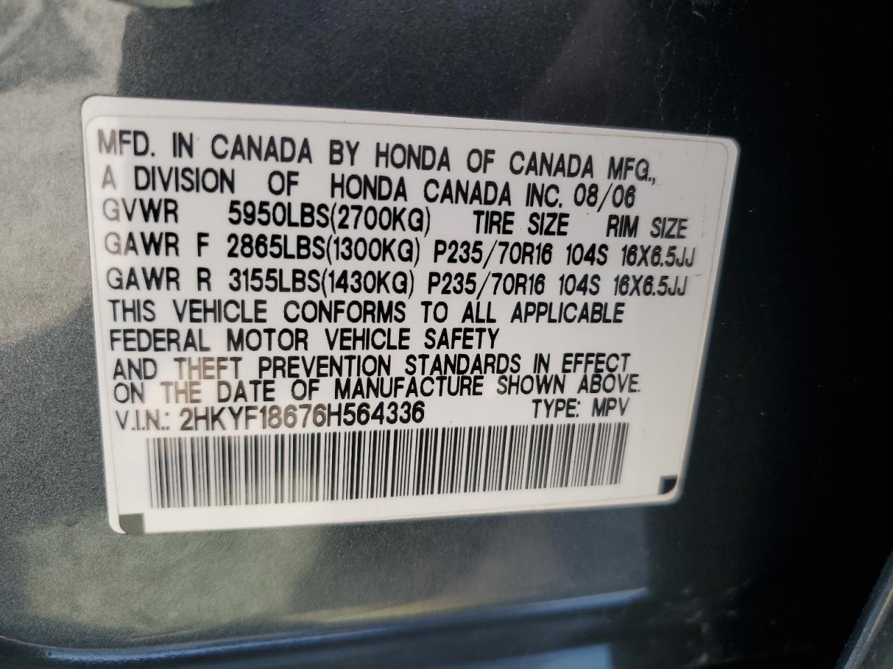 2006 Honda Pilot VIN 2HKYF18676H564336 Copart auction photo, rear end damage thumbnail 12