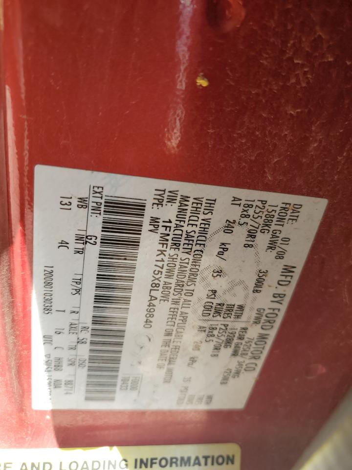 2008 Ford Expedition VIN 1FMFK175X8LA49840 Copart auction photo, front end / rear end damage thumbnail 13