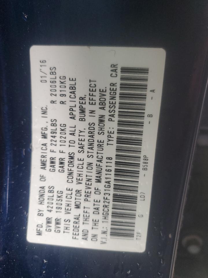 2016 Honda Accord VIN 1HGCR2F31GA116118 Copart auction photo, front end / side damage thumbnail 12