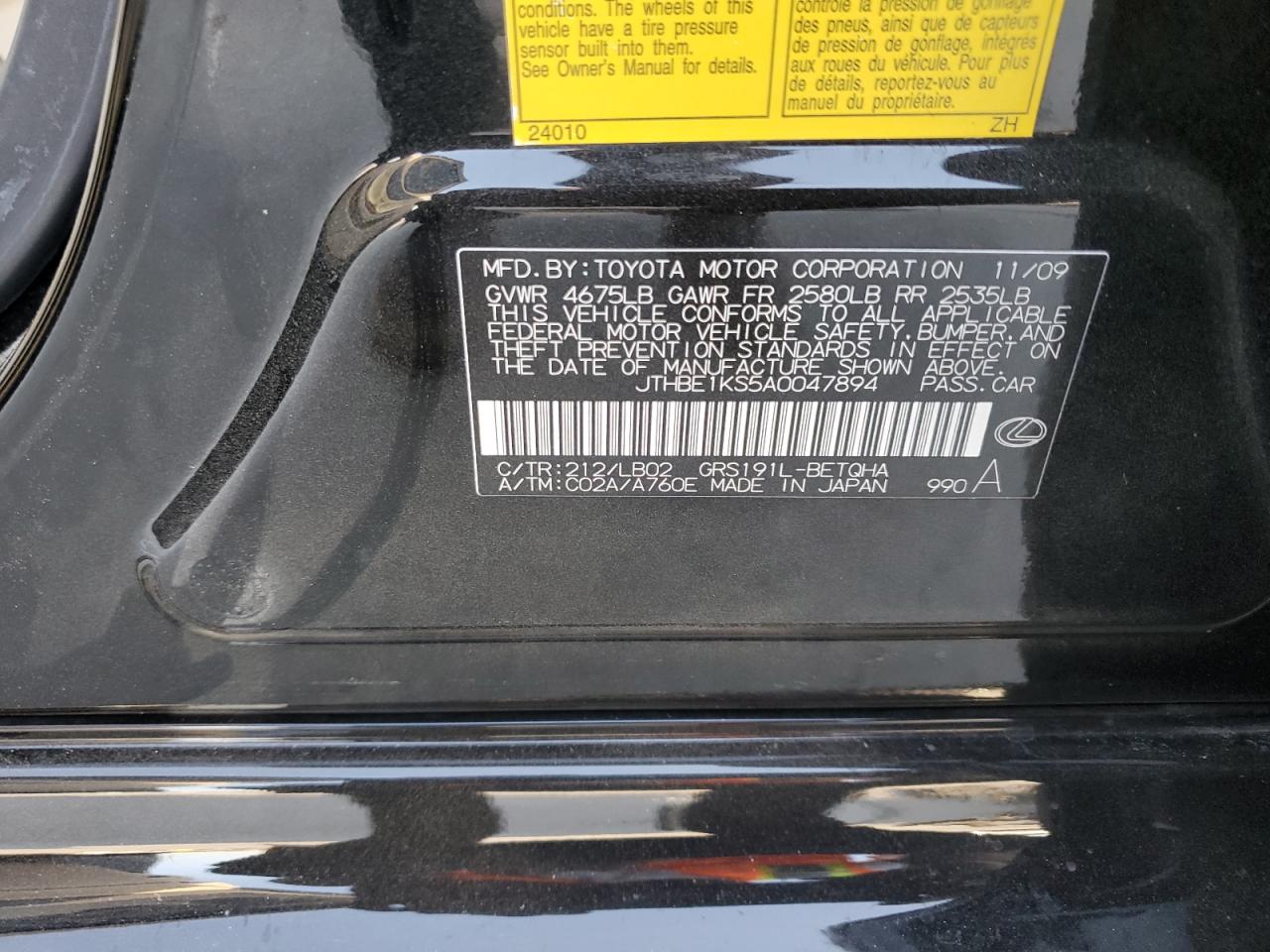 2010 Lexus GS VIN JTHBE1KS5A0047894 Copart auction photo, front end / rear end damage thumbnail 15
