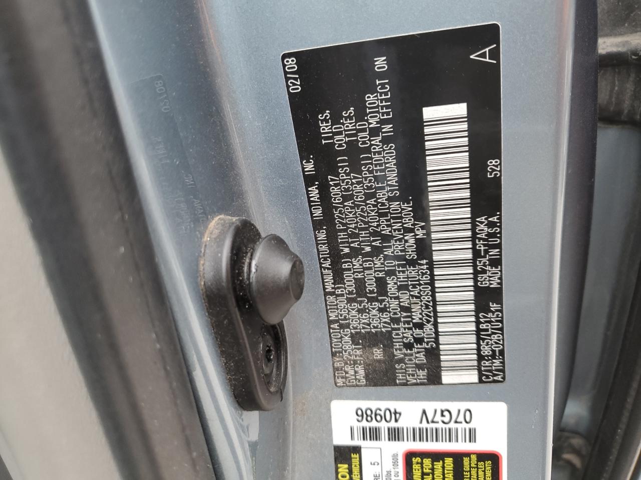 2008 Toyota Sienna VIN 5TDBK22C28S016344 Copart auction photo, minor dent/scratches damage thumbnail 12