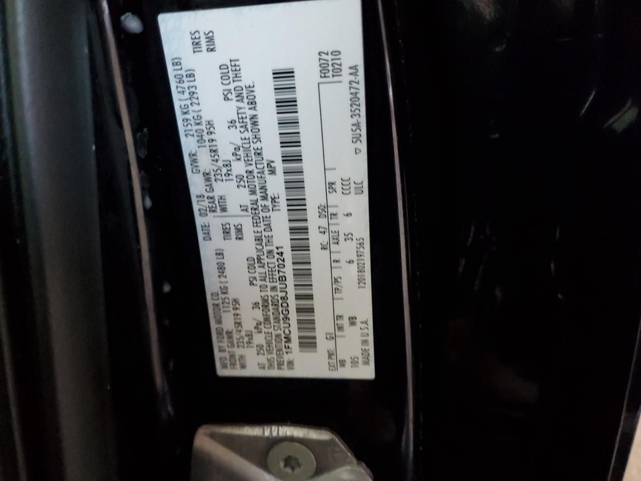 2018 Ford Escape VIN 1FMCU9GD8JUB70241 Copart auction photo, front end damage thumbnail 16