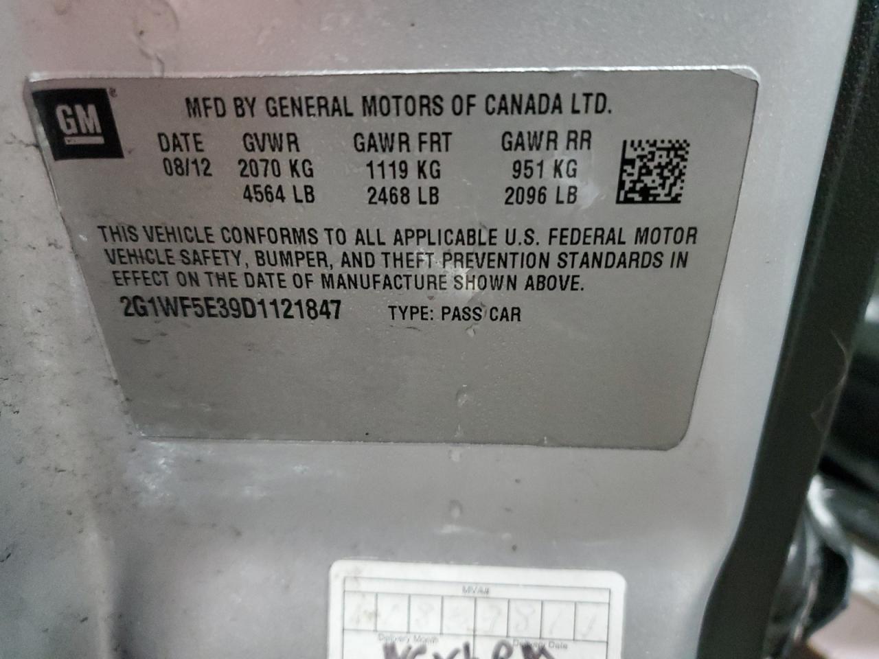 2013 Chevrolet Impala VIN 2G1WF5E39D1121847 Copart auction photo, side / front end damage thumbnail 12