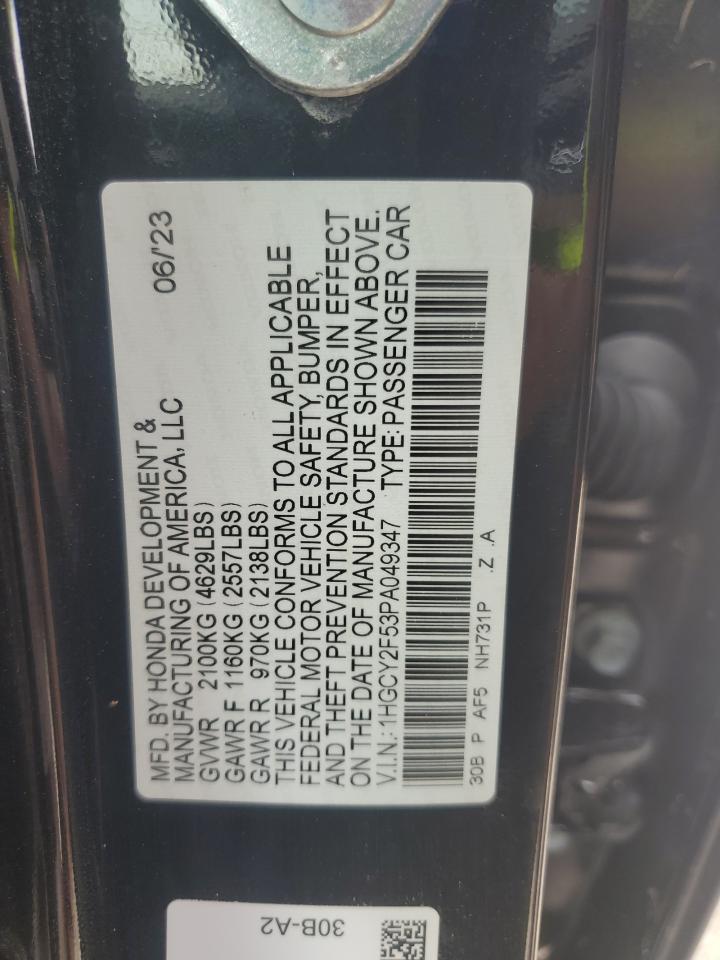 2023 Honda Accord VIN 1HGCY2F53PA049347 Copart auction photo, water/flood damage thumbnail 13