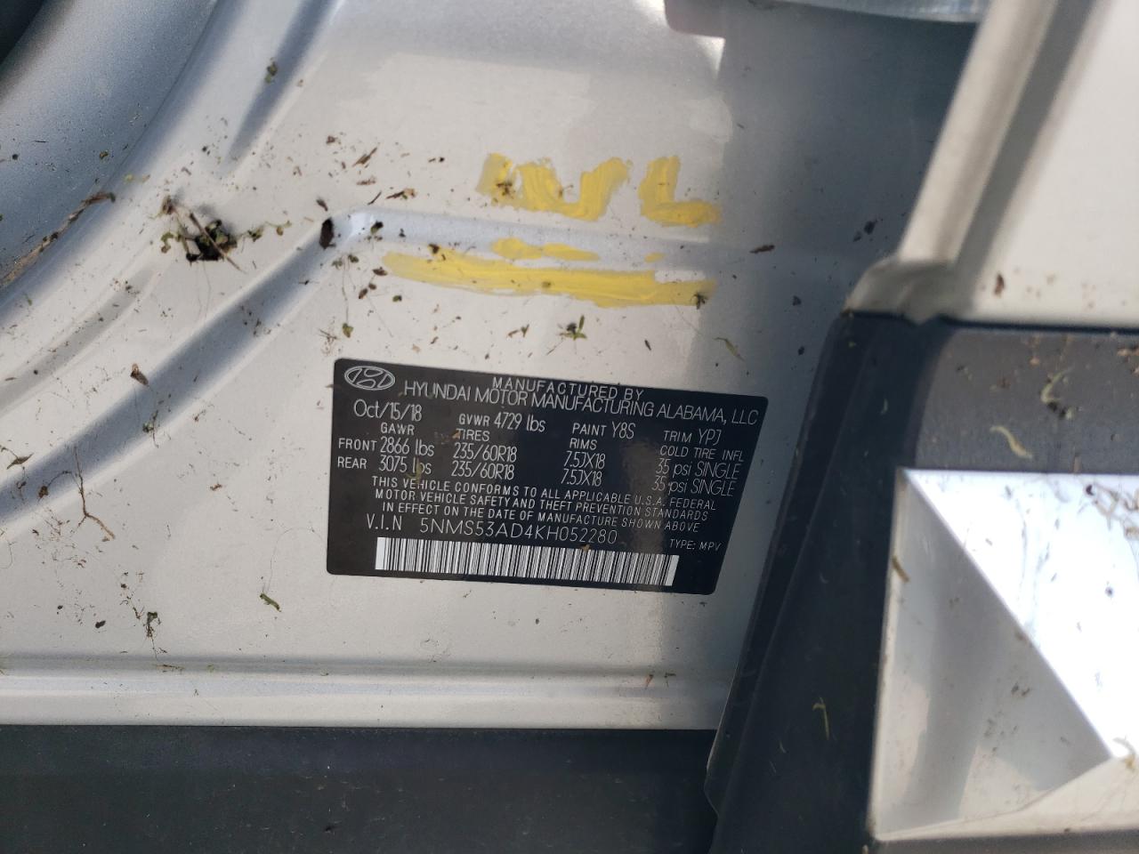 2019 Hyundai Santa Fe VIN 5NMS53AD4KH052280 Copart auction photo, undercarriage / water/flood damage thumbnail 13